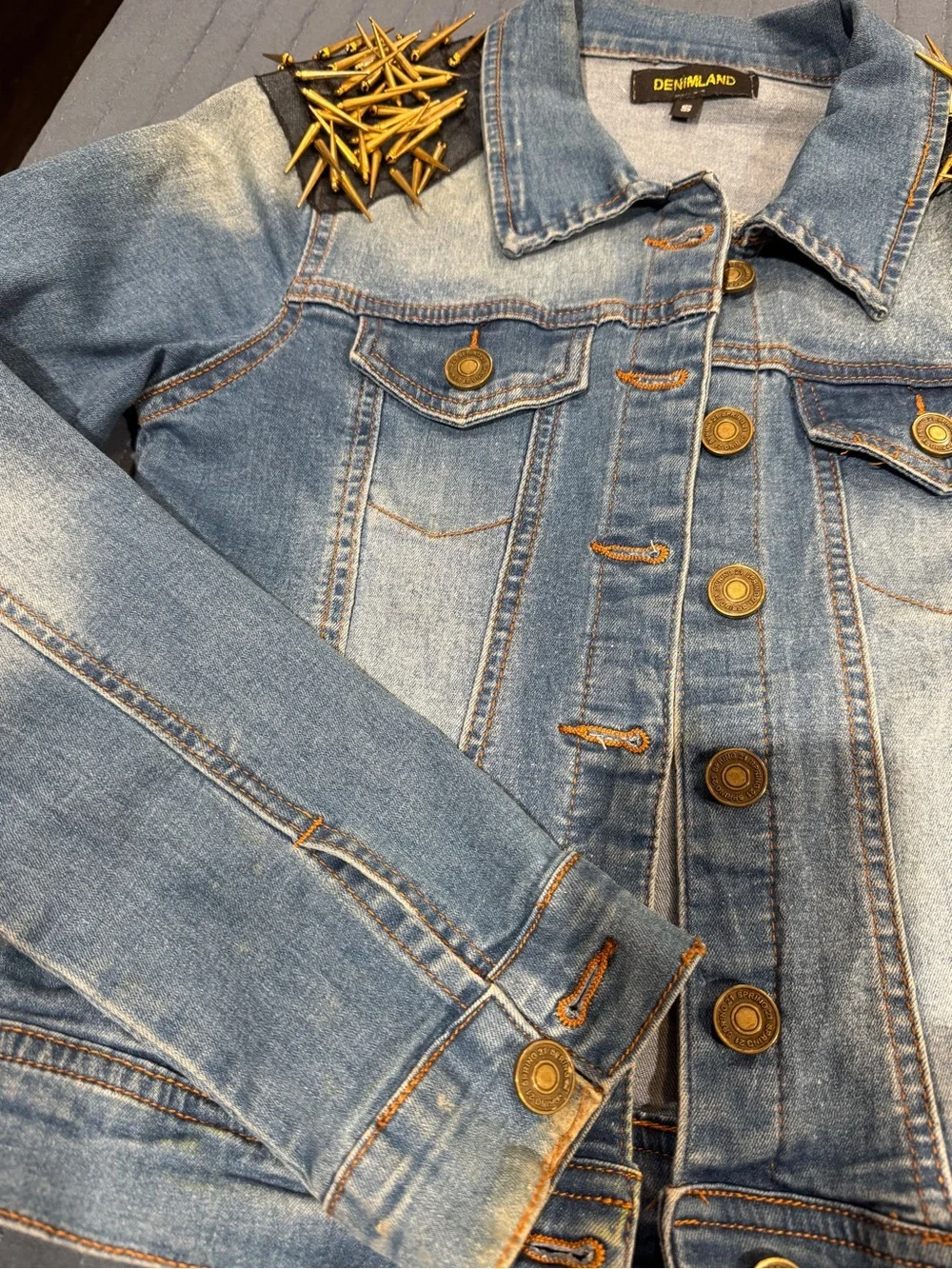 Woman Denim Jacket with Gold Sequin Wing Embellishment